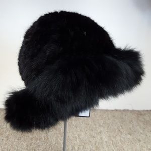 Black Knitted Mink Fur Hat with Fox Fur Trim